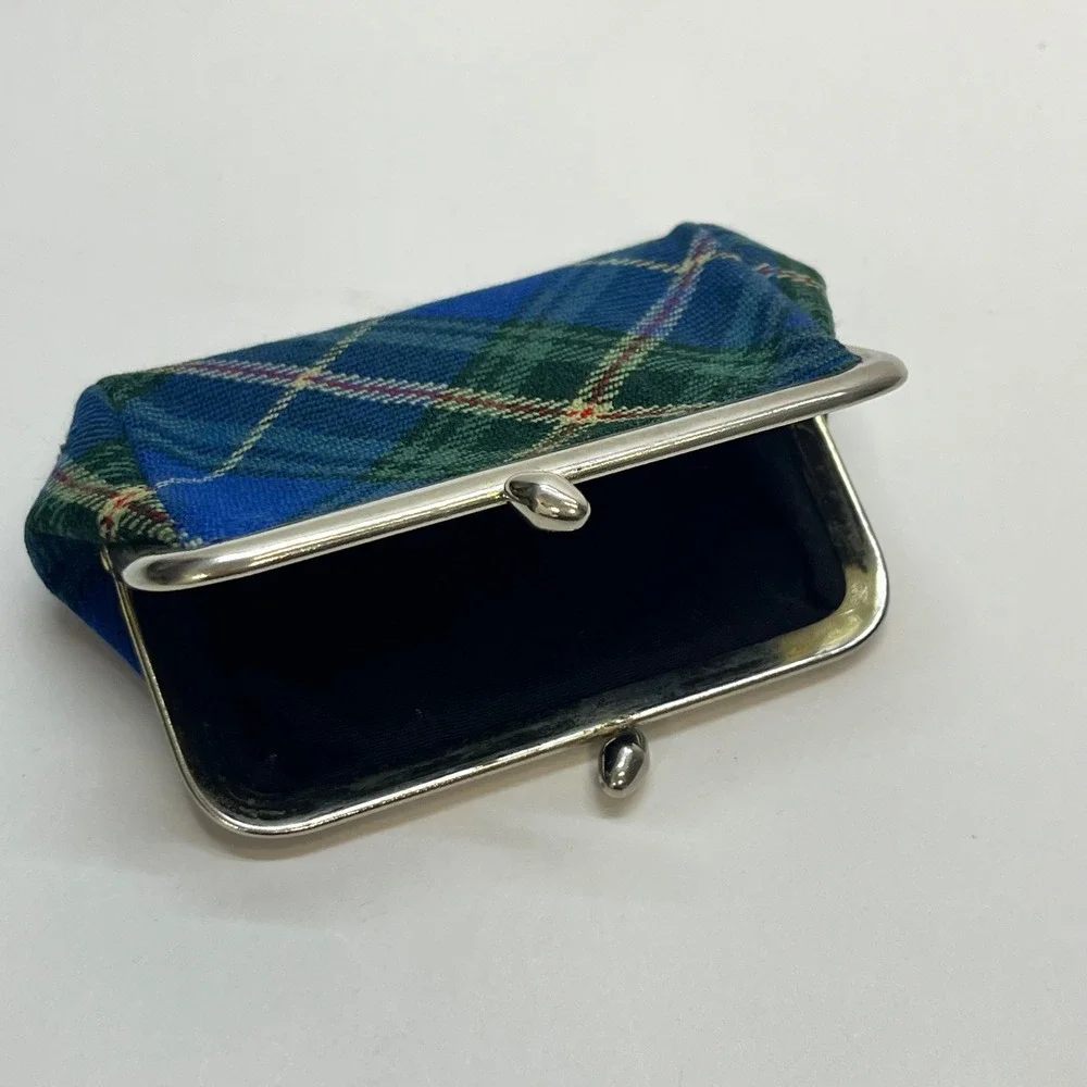 Vintage Blue Green Plaid Tartan Coin Purse Kiss Lock Clasp Small Pouch Wallet‎